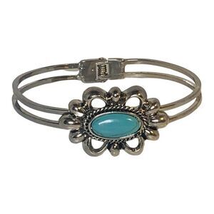 CHAPS Faux Blue Turquoise Flower Silver Tone Clamper Bangle Vintage Bracelet 7”